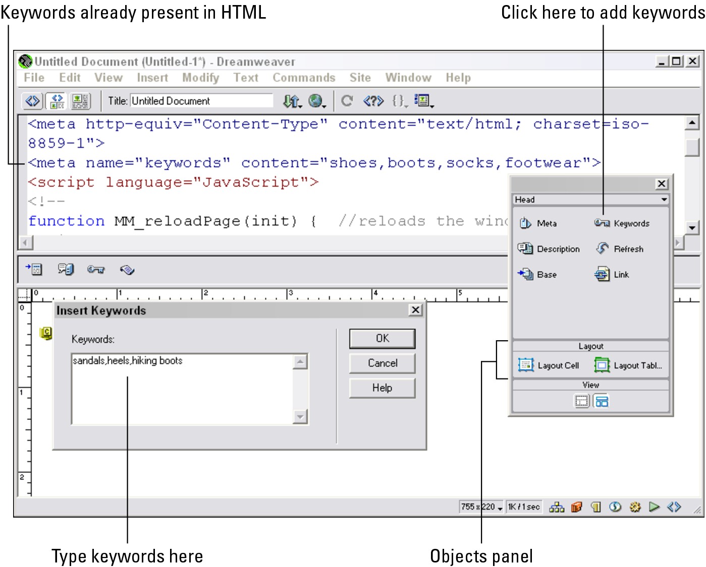 Figure 13-1: Some Web page editors make it easy to add keywords and descriptions for search services to find.